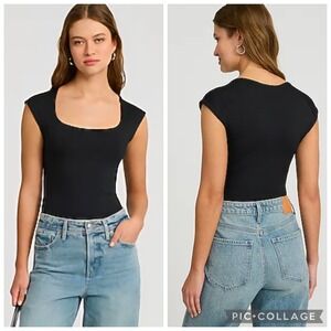 Express Body Contour High Compression Scoop Neck Cap Sleeve Bodysuit Black  L